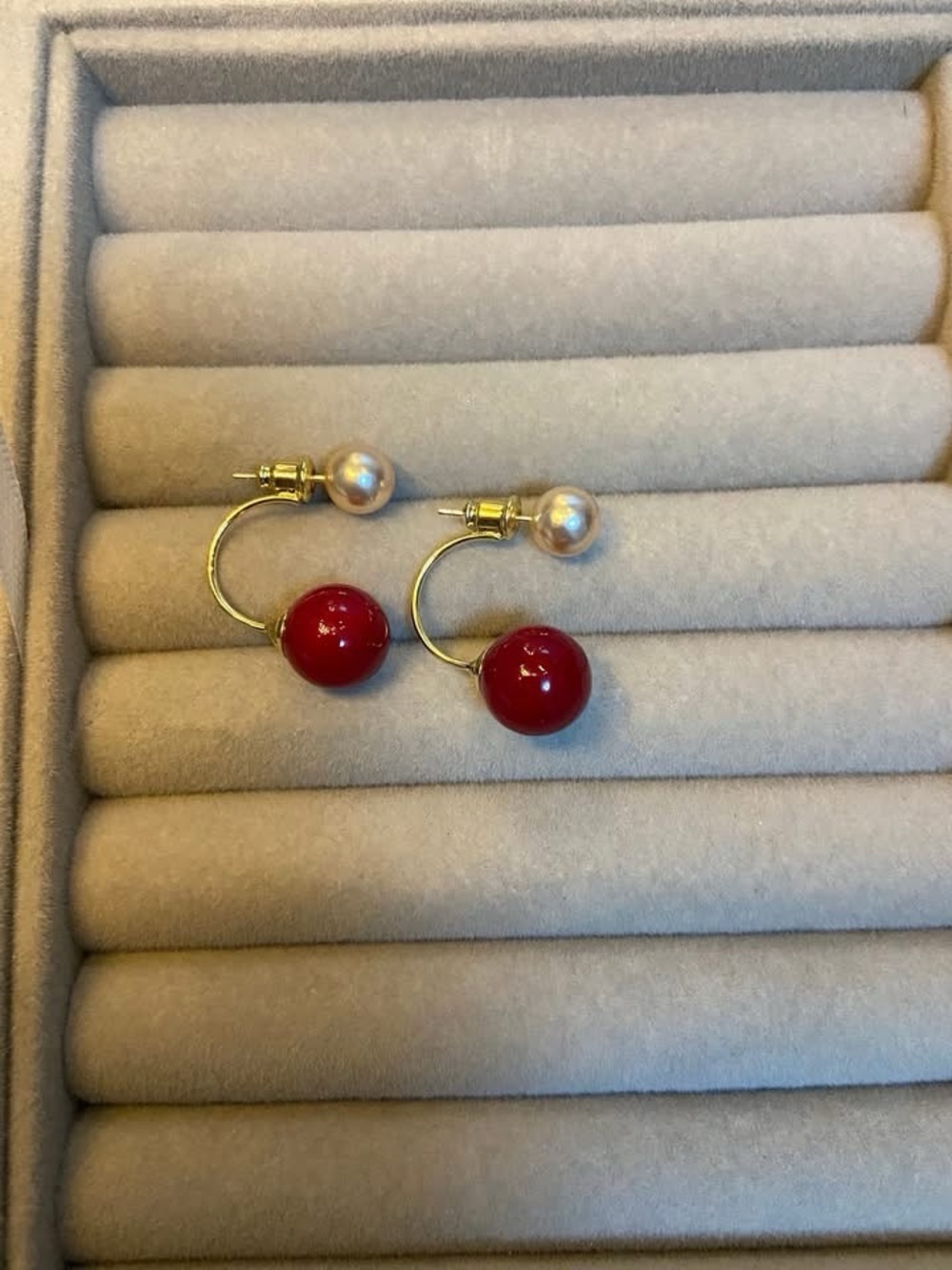 Gold Hoop Pearl & Red Bead Drop Earrings - Elegant Women's Jewelry